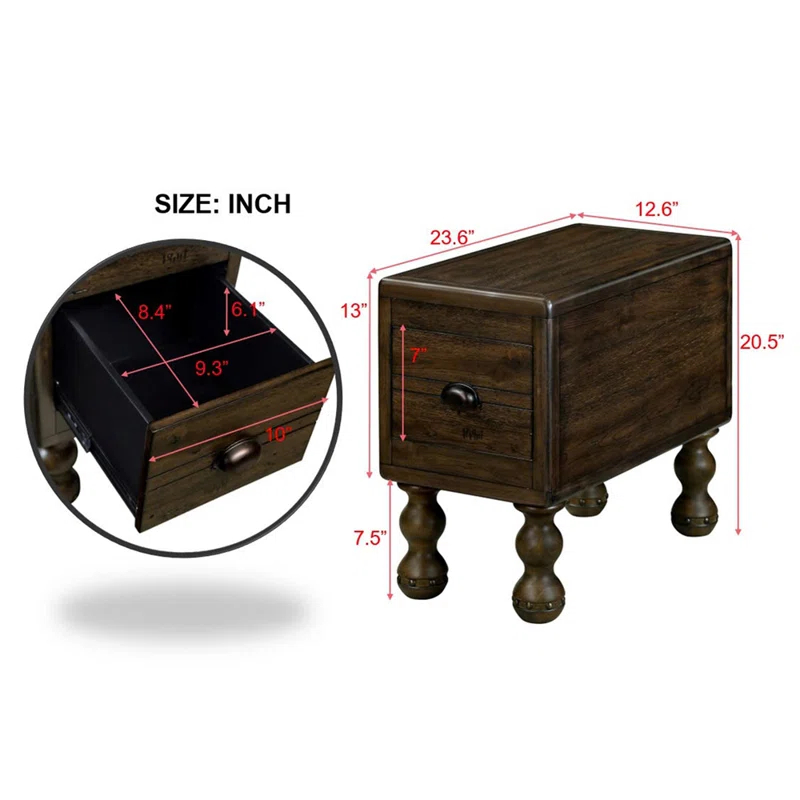 MSTYLE Solid Wood End Table, Rectangle 23.6 Inch Narrow Side Table With Drawer, Vintage Bedside Table Nightstand For Small Spaces, Living Room, Bedroom