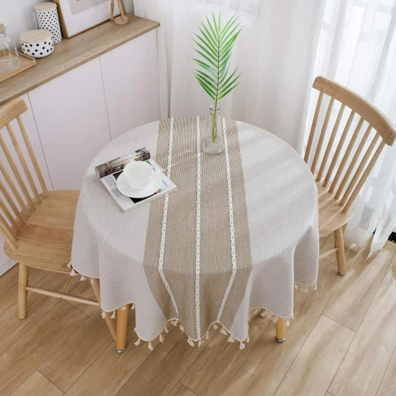 Gracie Oaks Table Cloth Tassel Cotton Linen Table Cover For Kitchen Dinning Wrinkle Free Table Cloths (Coffee, 60In Round)