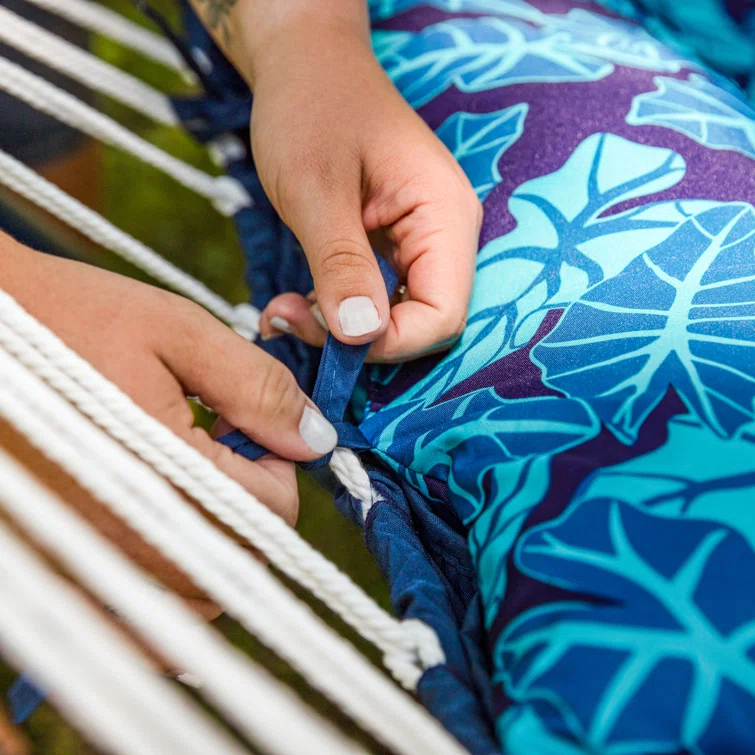 Arlmont & Co. Peria Quilted Polyester Curved Metal Spreader Bar Hammock with Pillow - Tropical Palms