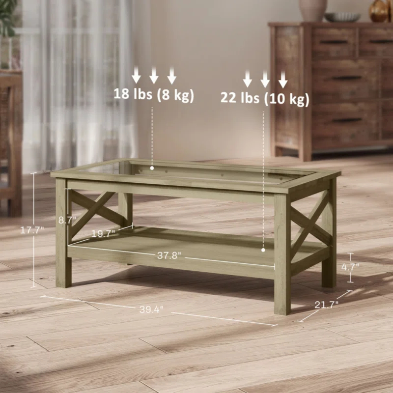 Gracie Oaks Glass Coffee Table, Modern Farmhouse Center Table With Storage, Side Table For Living Room With Classic X-Bar Style Sides