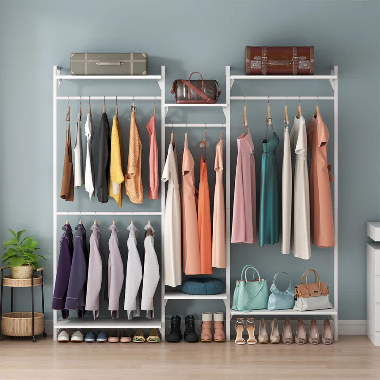 Rebrilliant Oloran Gold Wall Mount Clothes Rack with 4 Hanging Rods, Clothing Rack with 6-Tier Adjustable Shelves