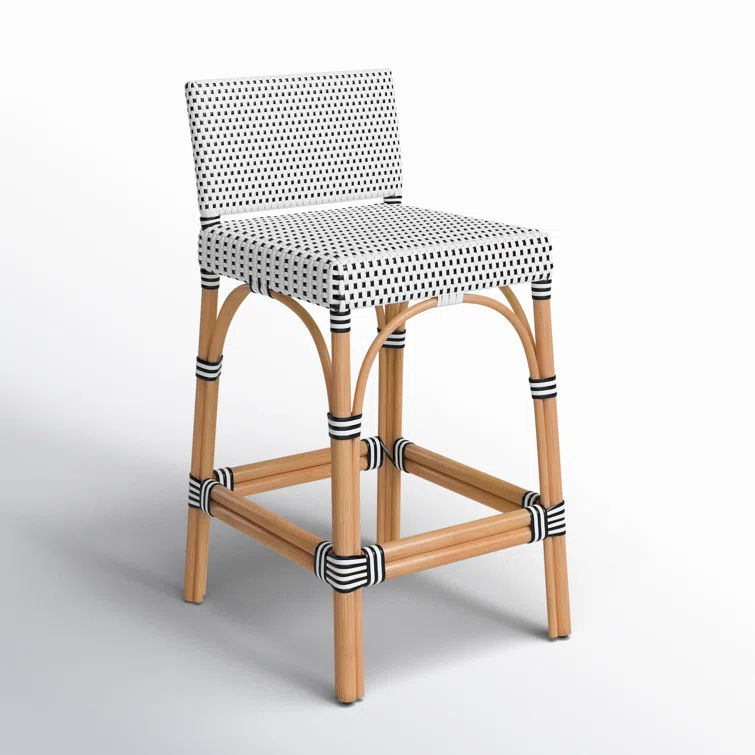 White and Navy Dot Rattan Low Back Counter Stool