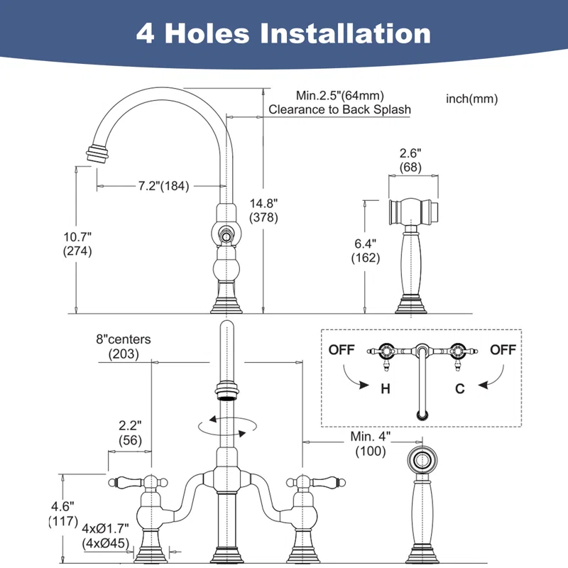 ARCORA AR7105700RB ARCORA Double-Handle High-Arc Widespread Deck Mounted Bridge Kitchen Faucet With Side Spray