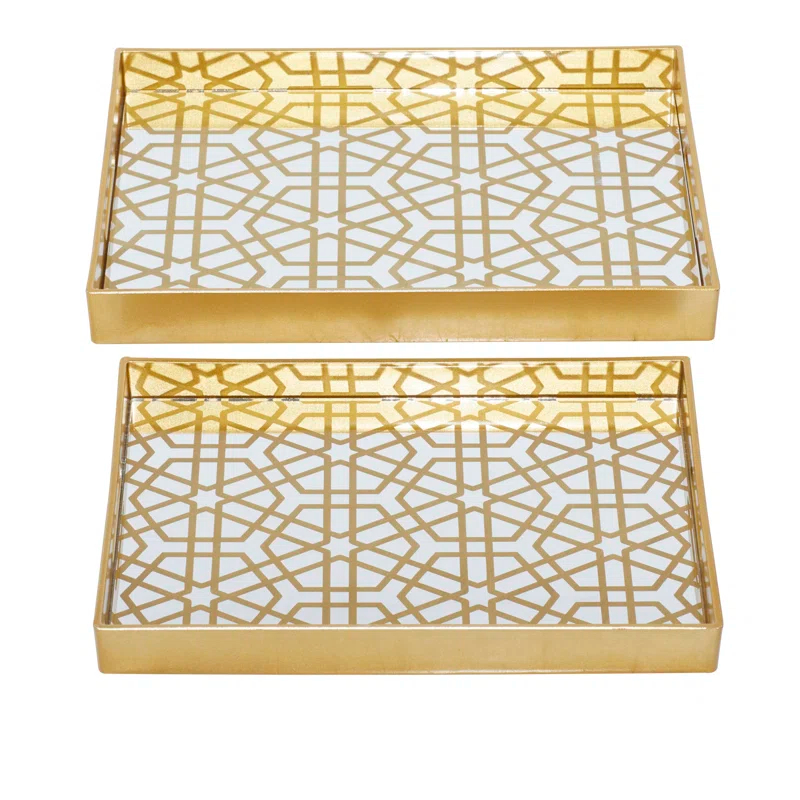 CosmoLiving by Cosmopolitan Plastic Mirrored Geometric Decor Gold Tray Set