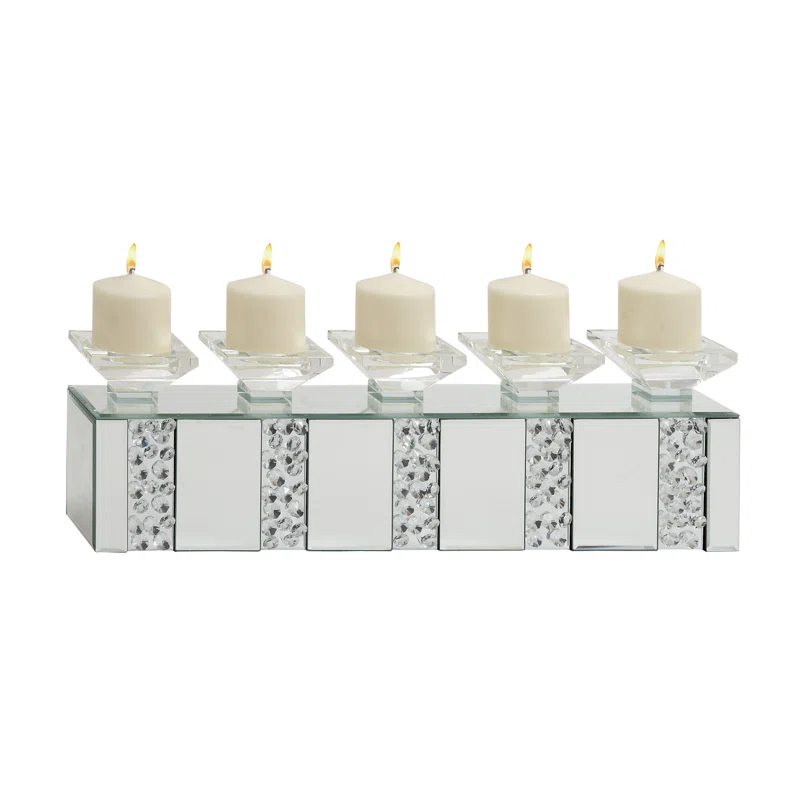 Mercer41 Glass Pillar 5 Plate Decorative Silver Candelabra with Mirrored Accents and Crystals