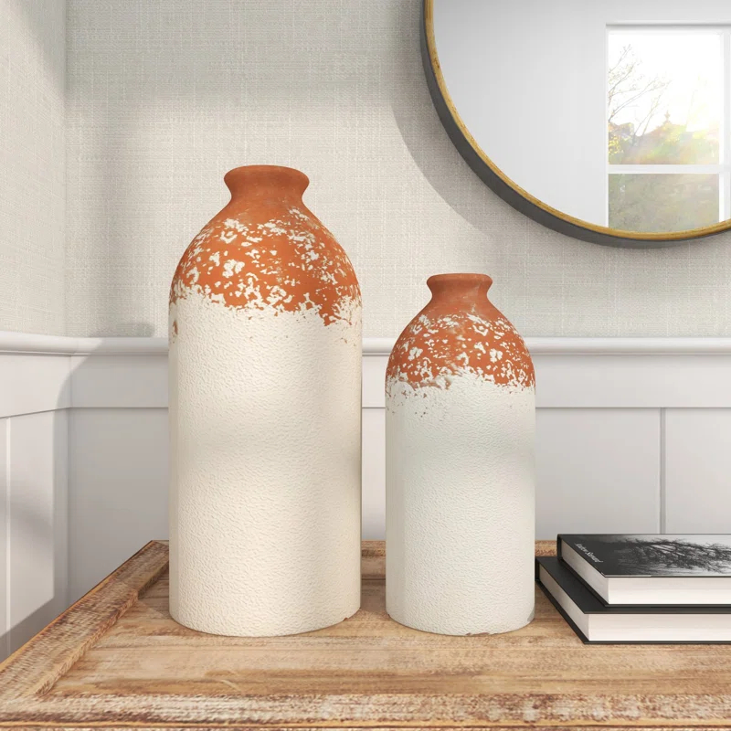 Novogratz Ceramic Decorative White Vase with Terracotta Detailing Set