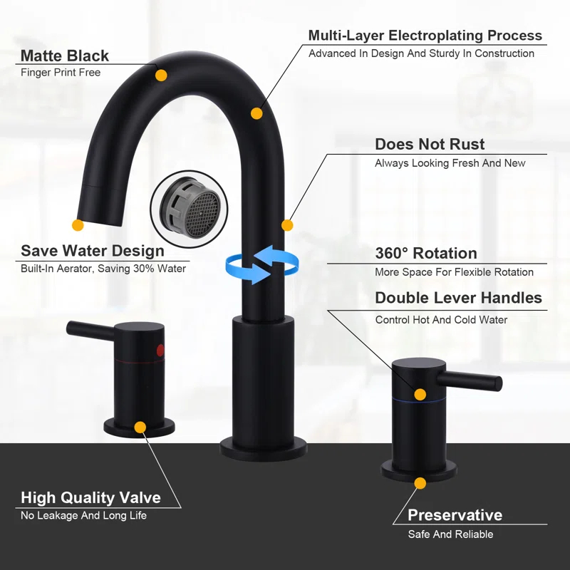 iVIGA VBA90B Bathroom Faucet 3 Hole With 360° Swivel Spout And 2 Handle Design