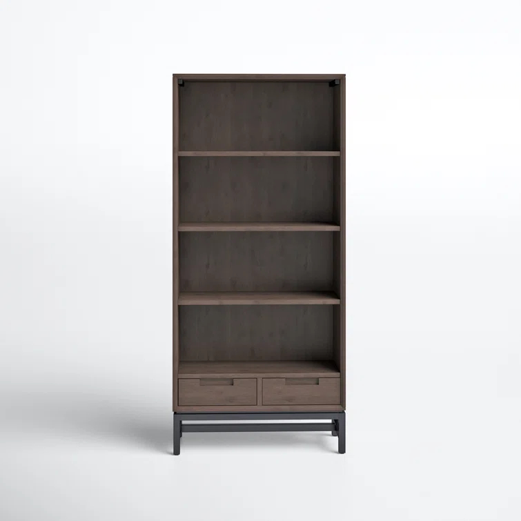 Banting 30"W Solid Wood 4 Shelf Industrial Bookcase with 2 Drawers, Adjustable Shelves, and Metal Base