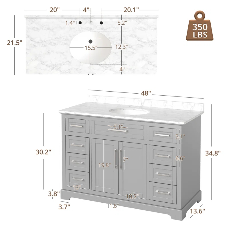 Poitra 48'' Single Bathroom Vanity with Engineered Marble Top