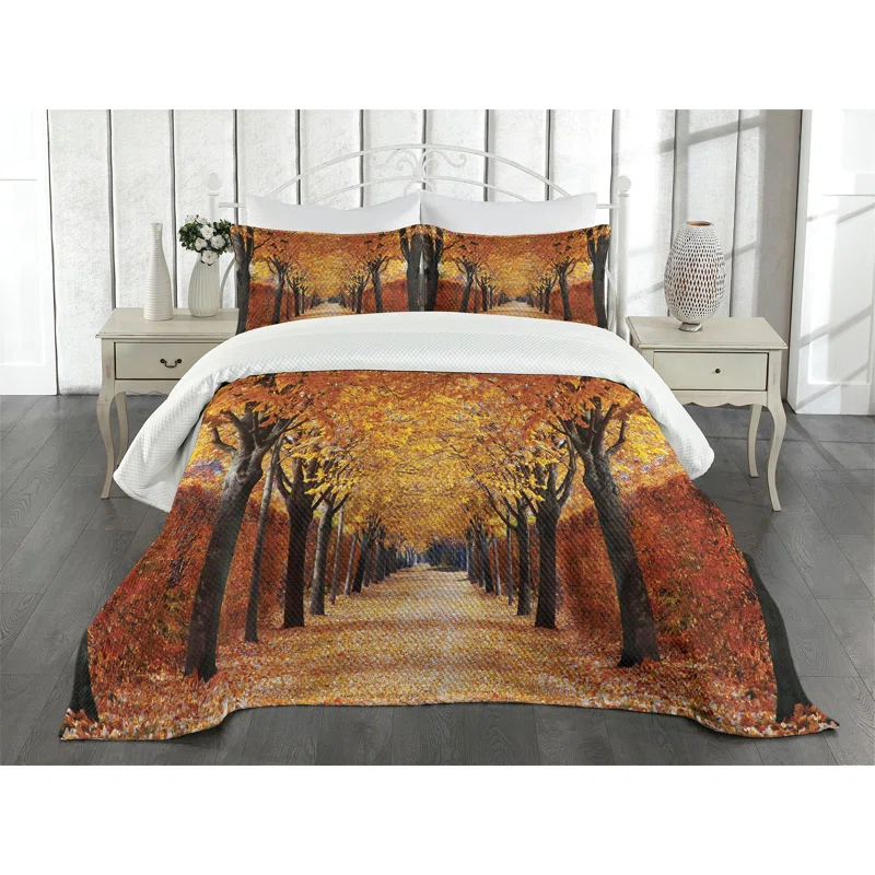 Ambesonne Ambesonne Autumn Bedspread Set Pathway in the Woods Orange Brown