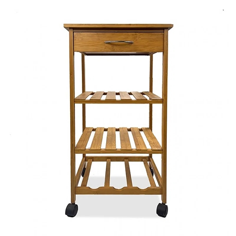 Benjara Harry Kitchen Bar Cart, 1 Drawer, 3 Shelves, Brown Bamboo, Rolling Wheels