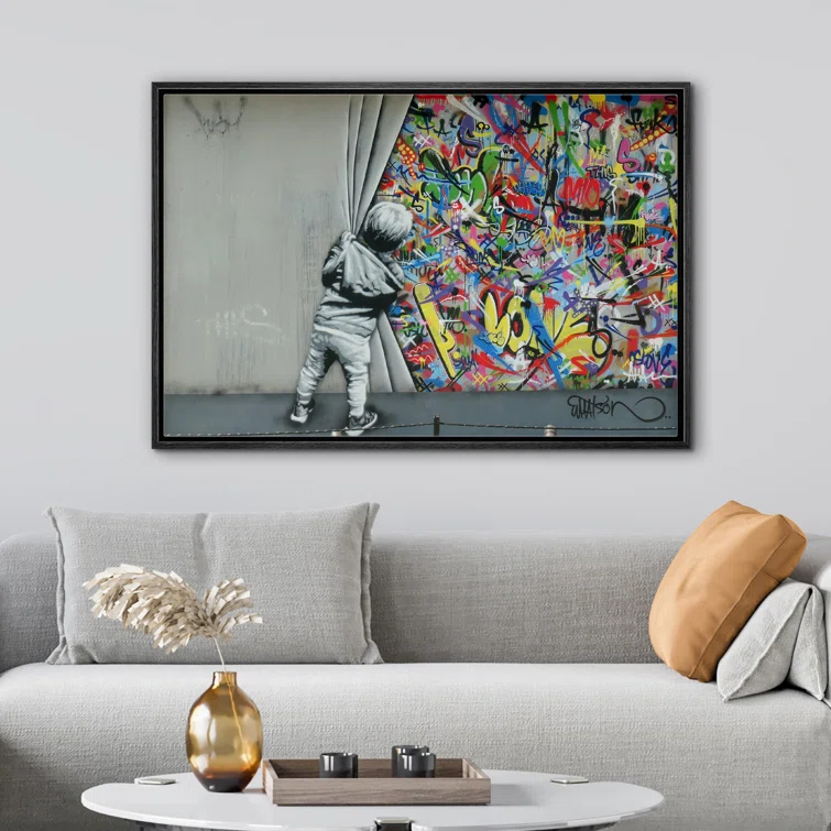 IDEA4WALL Pop Urban Street Banksy British Artist Kid Spray Paint Curtain Illusion Colorful Large Canvas Print Wall Art