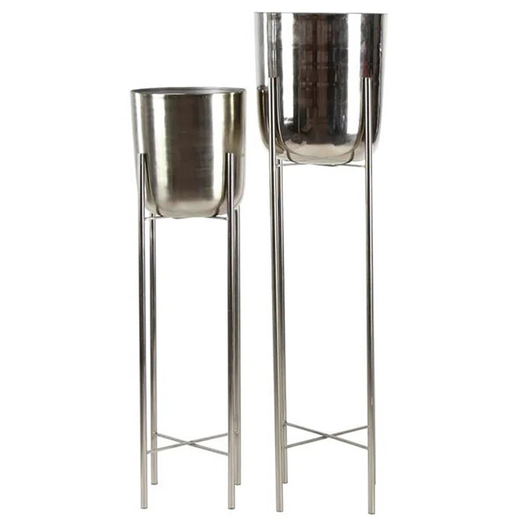 CosmoLiving by Cosmopolitan 2 - Piece Silver Metal Tall Indoor Outdoor Dome Indoor Outdoor Planter with Removable Stand Set