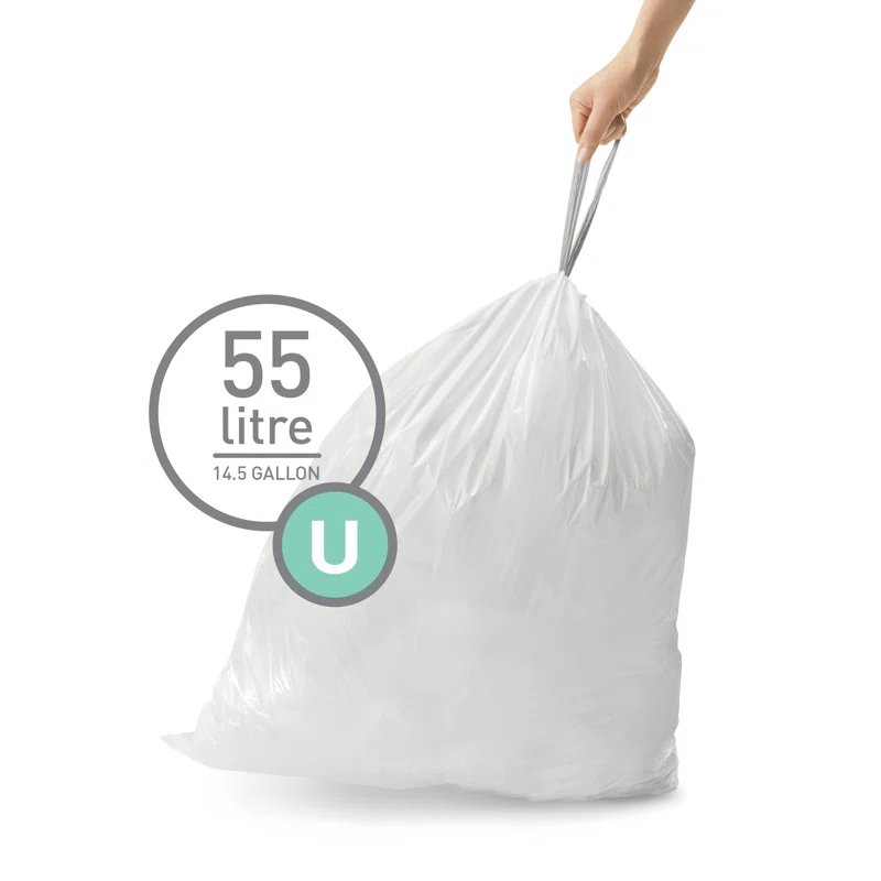 Simplehuman Code U Custom Fit Drawstring Trash Bags, 55 Liter / 14.5 Gallon, White, 60 Liners (Set of 60)