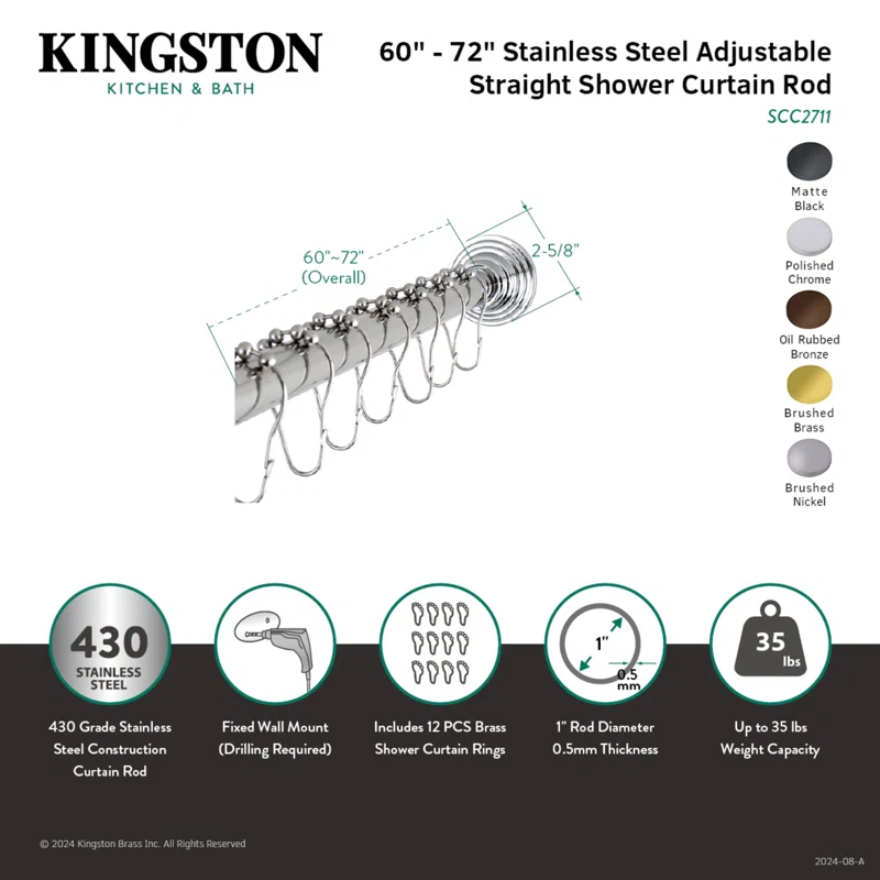Kingston Brass Kingston Brass Edenscape 60-Inch to 72-Inch Adjustable Shower Curtain Rod with Rings