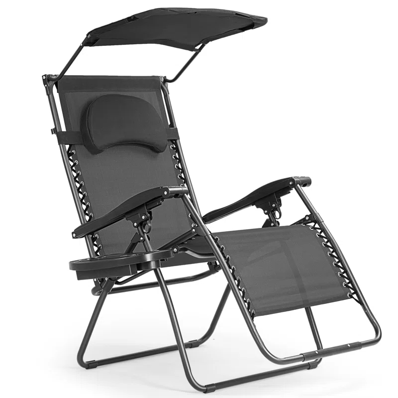 Arlmont & Co. Outdoor Folding Recliner Lounge Chair with Shade Canopy And Cup Holder