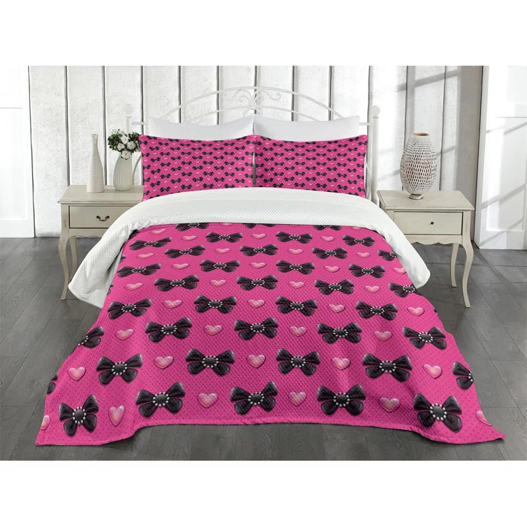 Ambesonne Ambesonne Pearls Bedspread Set Bow Ties with Hearts Pink Black