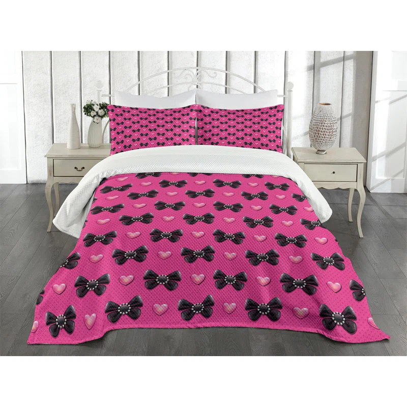 Ambesonne Ambesonne Pearls Bedspread Set Bow Ties with Hearts Pink Black