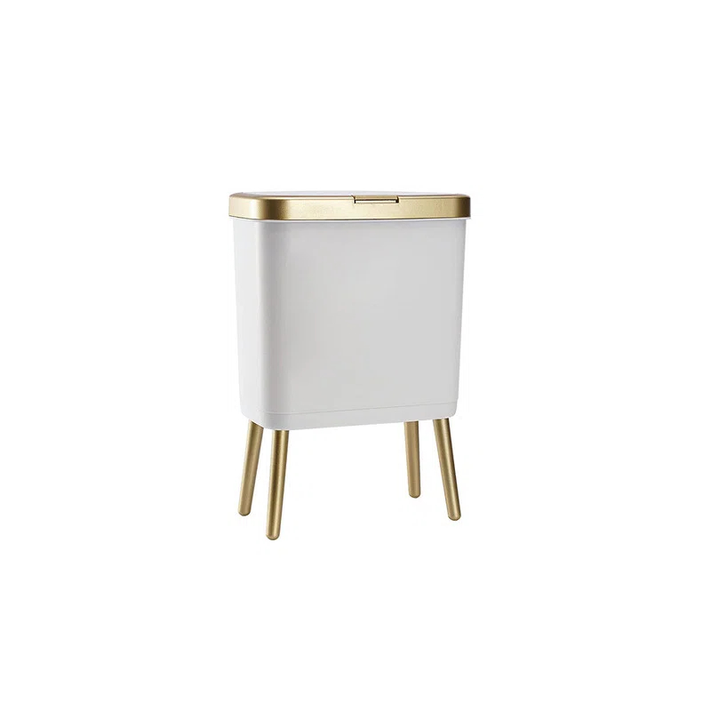 LIKOBI Trash Can with Lid,Bathroom Trash Can with Gold Edge,Slim Plastic Trash Bin for Bedroom,4 Gallon