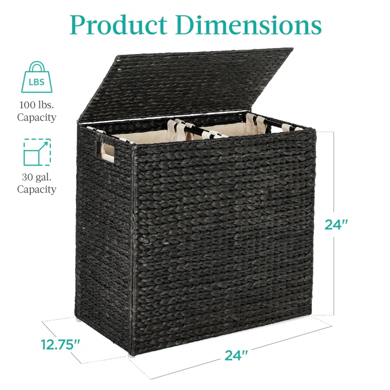 Bayou Breeze Large Water Hyacinth Double Laundry Hamper Basket w/ 2 Liner Bags, Handles