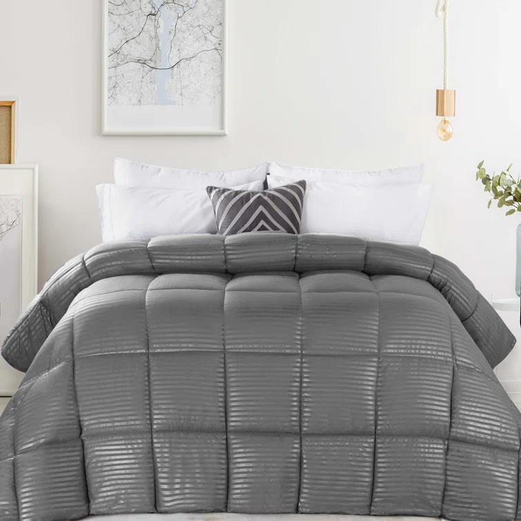 Superior Striped Reversible Box-Quilt Brushed Microfiber Medium Weight Down Alternative Comforter