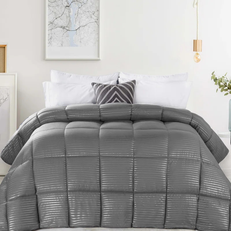 Superior Striped Reversible Box-Quilt Brushed Microfiber Medium Weight Down Alternative Comforter