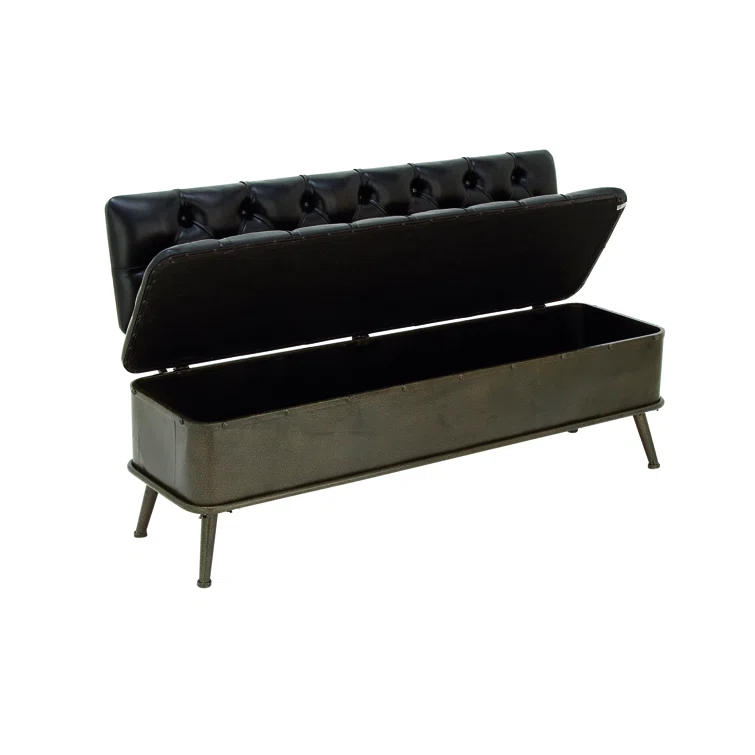 Williston Forge Black Metal Room Storage Bench with Tufted Faux Leather, 54" x 19" x 31"