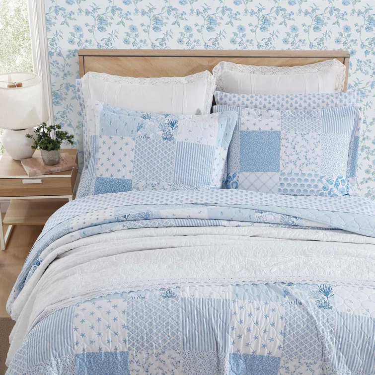 Laura Ashley Morning Glory Laura Ashley Coastal Patchwork Cotton Blue Quilt Set