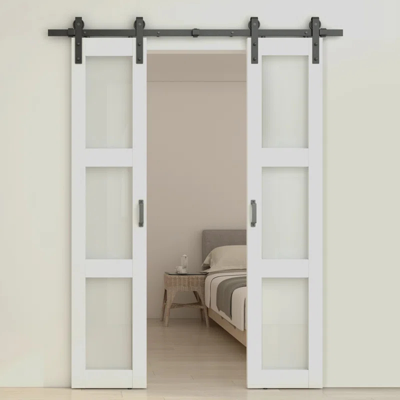 Calhome 3-Lite Tempered Frosted Glass White Finished Composite Double Sliding Barn Door with Hardware Kit Handle