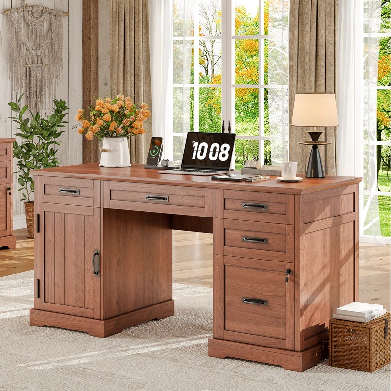 August Grove® Clabe 55'' Farmhouse Executive Desk with Drawers, File Cabinet and Power Outlets