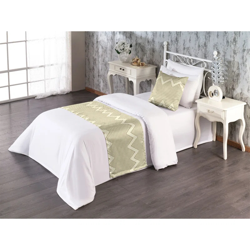 Ambesonne Ambesonne Geometric Bed Runner Set Chevron Zigzags Art Lines  Pale Khaki Cream
