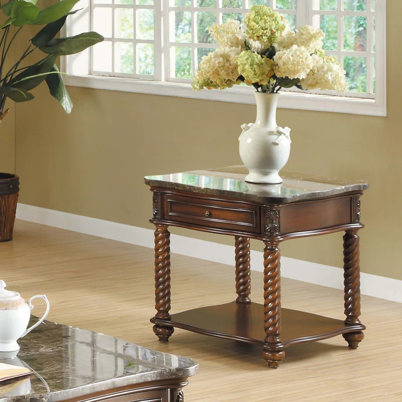 Bloomsbury Market Traditional End Table With Marble Top And Spiral Legs