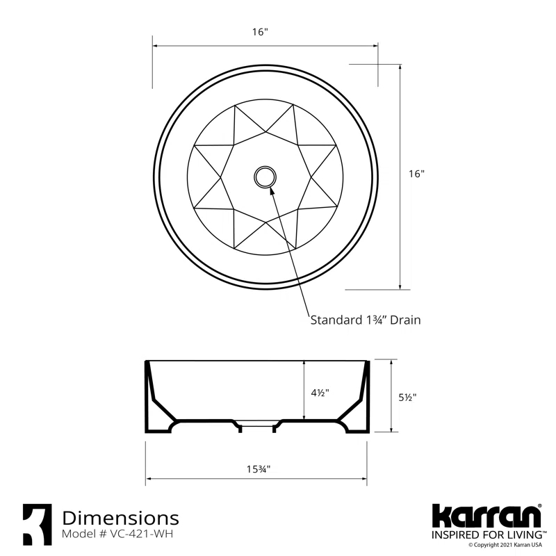 Karran VC-421-WH Karran Valera 16 In. Vitreous China Round Vessel Bathroom Sink