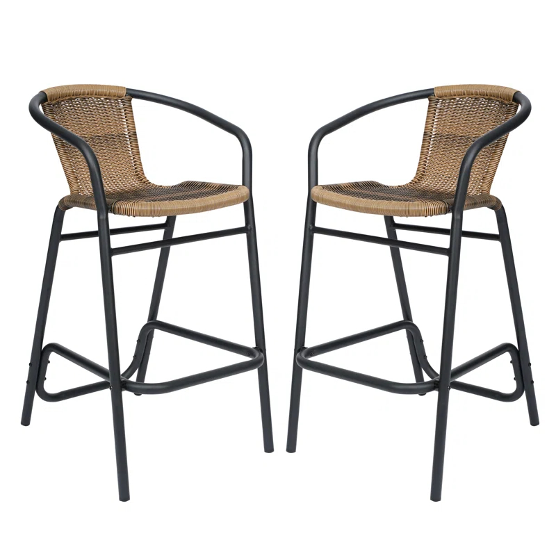 Flash Furniture Lila Commercial Indoor-Outdoor Rattan Restaurant Barstool with Aluminum Frame (Set of 2)