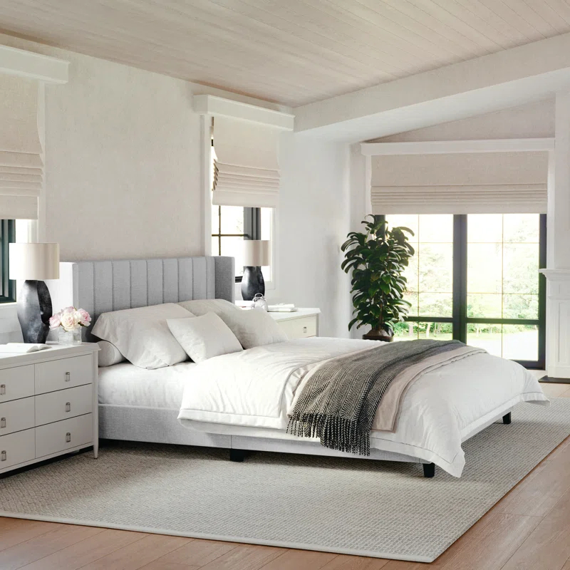Martha Stewart Martha Stewart Kay Upholstered Platform Bed With Channel Stitched Wingback Headboard