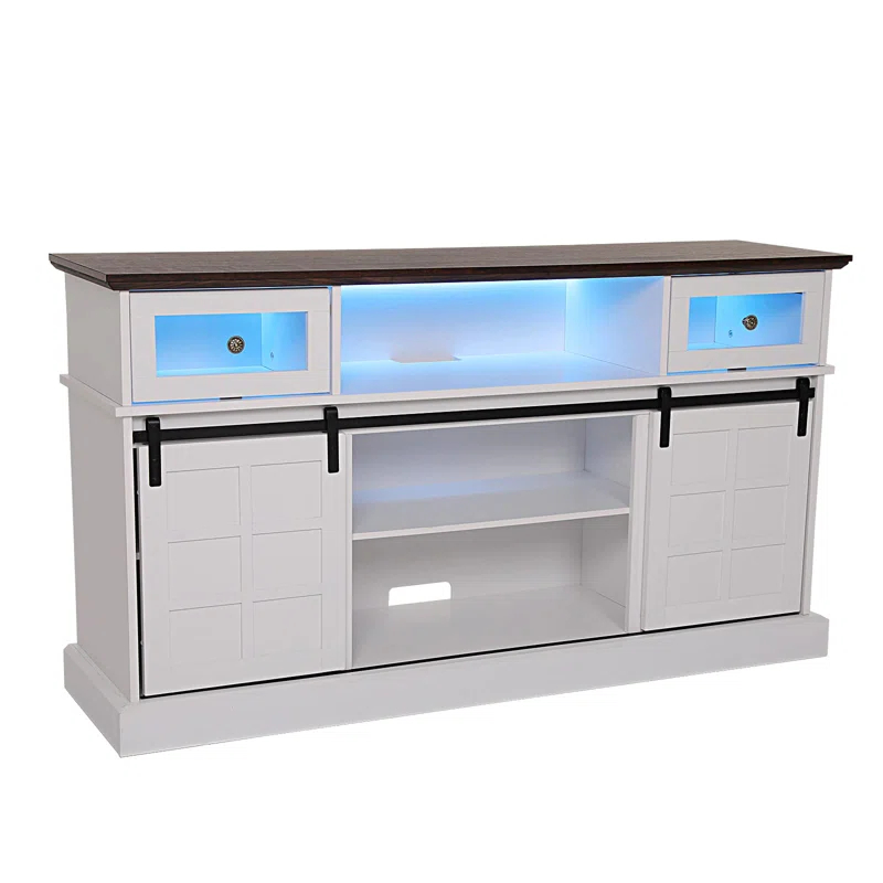 Farmhouse TV Stand W/LED Light, White TV Stand For 65 Inch Tvs, Entertainment Center TV Cabinet Stands With Flip Drawers, Sliding Barn Door TV Center Media Console Table For Living Room Bedroom