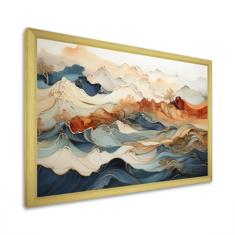 Design Art Abstract Orange And Blue River Ink III - Wall Art Print On Canvas