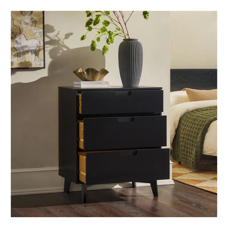 George Oliver Mid-Century Modern Solid Wood 3-Drawer Dresser – Black