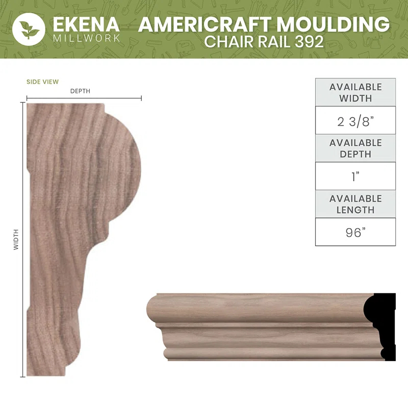 WM392 1"D x 2 3/8"W x 96"L Solid Wood Stain Chair Rail Molding