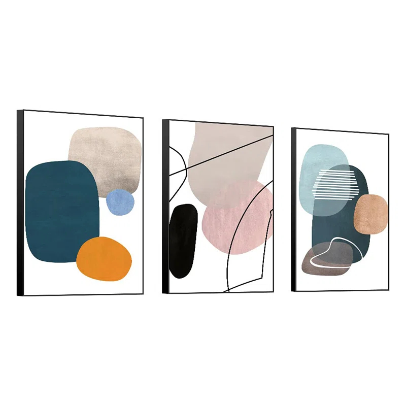 Ivy Bronx Wall Art 3 Pieces Of Framed Decorative Paintings Abstract Simple Orange White Blue And Other Color Blocks Wall Art Canvas Prints Home Decoration