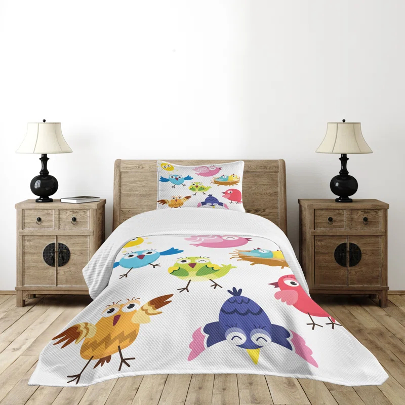 Ambesonne Ambesonne Bird Bedspread Set Funny Birds Sun Cartoon Multicolor