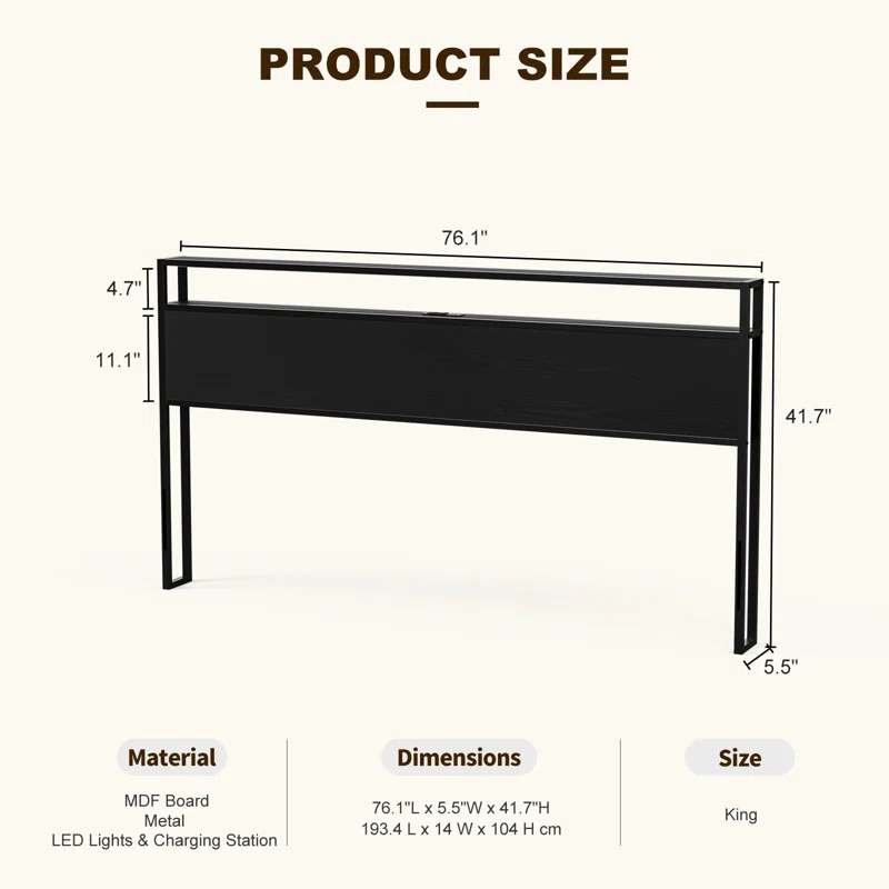 Kaiwei Storage Headboard With Led Lights & Charging Station - Industrial Metal And Wood