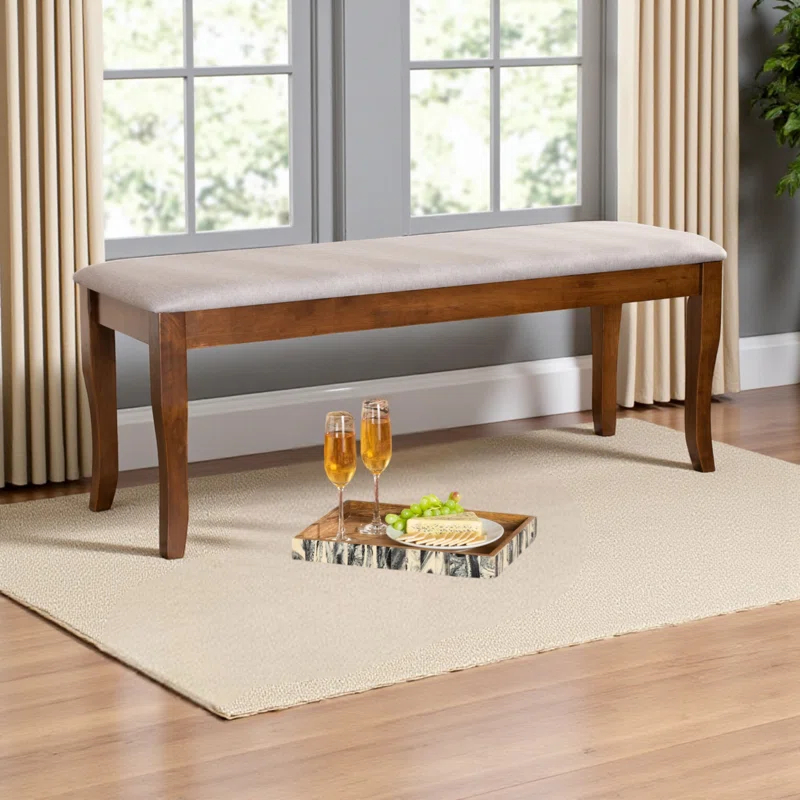 Everly Quinn Violette Gray Fabric Upholstered & Walnut Brown Dining Bench, 18.69" H X 47.56" W X 15.81" D
