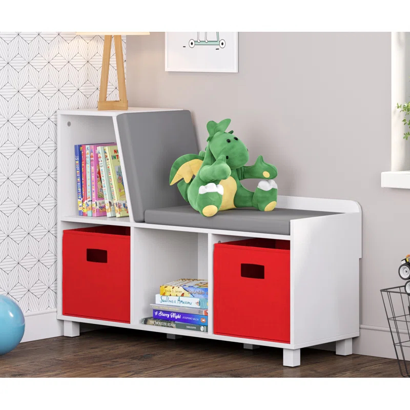 RiverRidge Home RiverRidge Kids Reading Book Nook Cushioned Toy Storage Bench with Cubby Organizers and 2 Fabric Bins- White