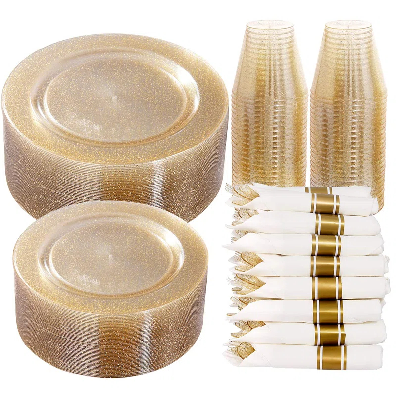 MODERN WALLS LLC 350 Pieces Gold Glitter Dinnerware Set 50 Guest For Party- 50 Dinner Plates, 50 Dessert Plates -50 Per Rolled Napkins With Gold Cutlery - 50 Disposable Cups 9 OZ