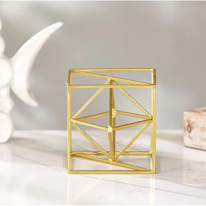 2024 Gold Metal Geometric Orb Sculpture - 4.72" Modern Square Abstract Decor for Home & Office