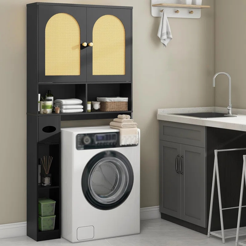 Bayou Breeze Over The Toilet Storage Cabinet, Rattan Storage Cabinet with 2 Doors & Toilet Paper Holder Stand, Freestanding Toilet Rack Space Saving and Adjustable Shelf