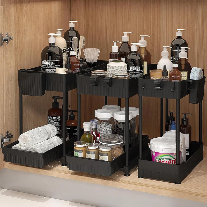 Adeco Trading Under Sink Organizer, 2-Tier Multi-Use Kitchen Bathroom Organizers And Storage With Sliding Drawer，Bathroom Cabinet Organizer (Black, 3 Pack)