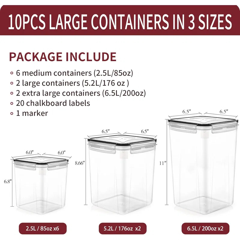 Prep & Savour Large Airtight Food Storage Containers With Lids, 10PCS Plastic Cereal Storage Containers, Kitchen & Pantry Organizers And Storage For Sugar, Flour, Baking Supplies With Lables & Mark