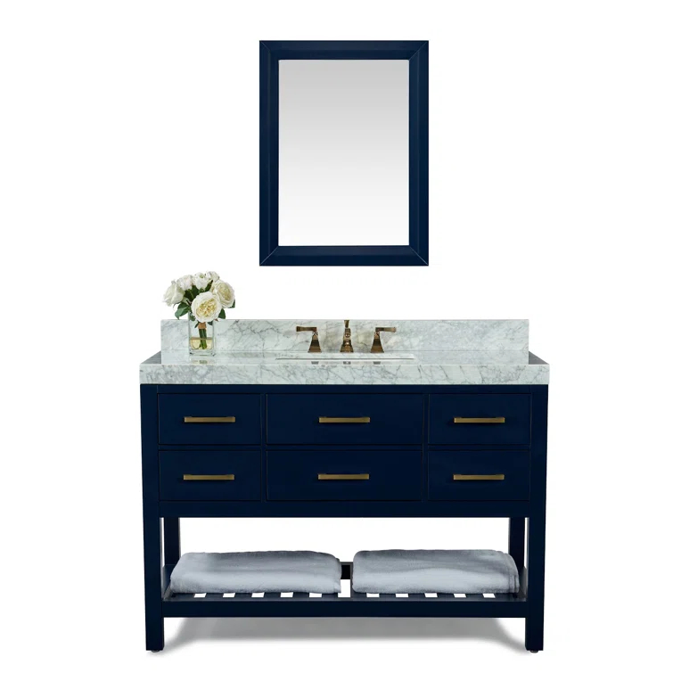 Ancerre Designs Elizabeth 48 in. Bath Vanity Set in White with Italian Carrara White Marble Vanity top and White Undermount Basin with Gold Hardware and 28 in. White Mirror | Perigold